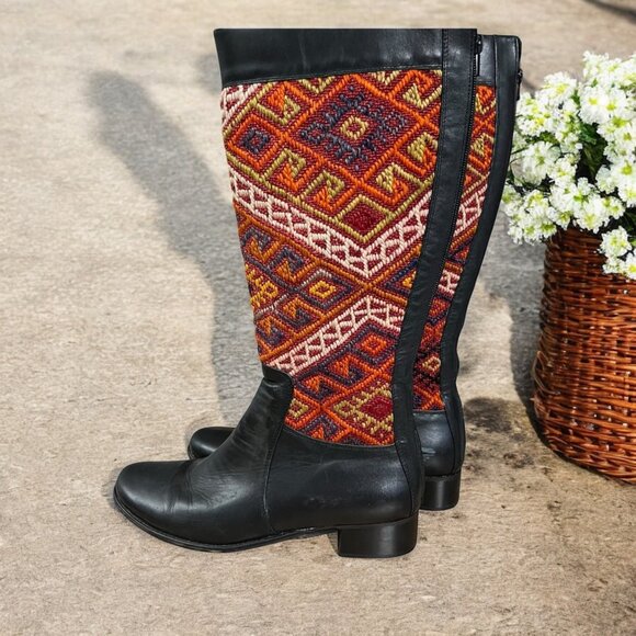 Kilim Collection‎ Suzani Handmade Leather & Wool Knee-High Boots Size 11 - Picture 1 of 6